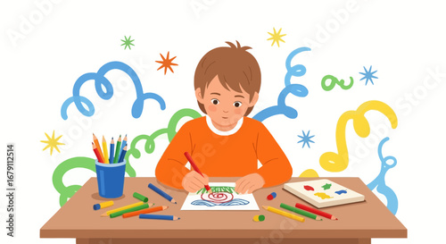 Young boy creating art using pencils and paper illustrating creativity and fun for everyone