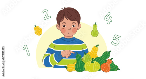 Young Boy Counting Vegetables, Showing Numbers, Learning, Simple Illustration, Vegetable Harvest