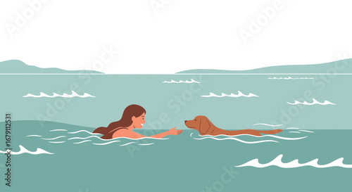 Woman swimming in the ocean with her dog enjoying the summer day and having fun