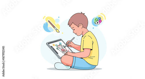 Young Boy Creating Digital Art On Tablet While Sitting And Thinking About Creativity
