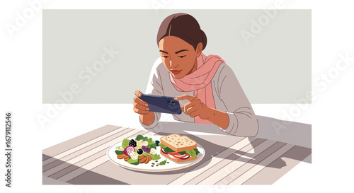 Woman taking a photo of her healthy meal with a smartphone for social media posting