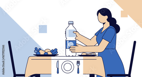 Woman Taking Time, Preparing Meal, Placing Bottled Water On Table For Refreshment