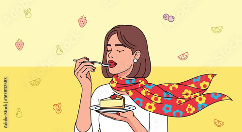 Woman Tasting Sweet Slice Of Cake With Colorful Scarf And Decorative Fruits Around