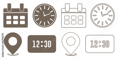 Address time date icons set. Address location icon. Stopwatch timer icon. Date Calendar icon. Black line and flat web icons. Time, date, location or place icons symbol. eps 10