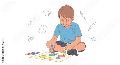 Young Boy Drawing Shapes with Crayons and Pencils on Paper Illustration