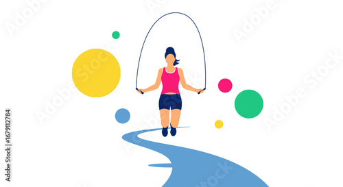 Woman training with jumping rope, cardio workout, fitness illustration in flat design