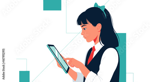 Woman using tablet with data visualization elements representing business and technology