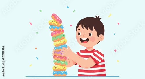 Young Boy Ecstatic Holding Delicious Colorful Donut Tower Amidst Festive Confetti