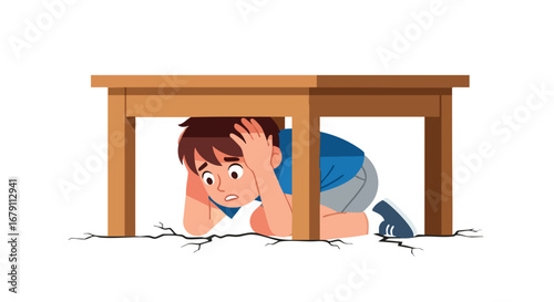 Cartoon illustration showing a boy taking cover under a table during an earthquake for safety preparation