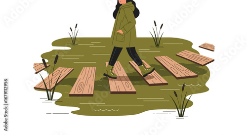 Woman Walking Along Plank Path in Wetlands, Beautiful Cartoon Illustration