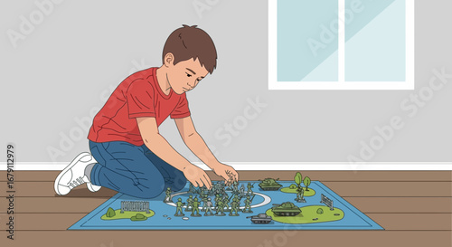Young Boy Engaged In Imaginative Gameplay With Soldiers And Miniature War Machines