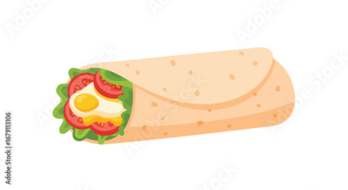 Delicious breakfast burrito illustration featuring a fried egg, tomatoes and fresh lettuce rolled in a soft tortilla wrap perfect for a quick meal