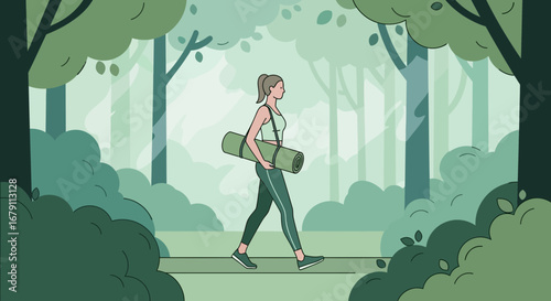 Woman Walking In Forest With Yoga Mat Depicting Peaceful Activity And Wellness