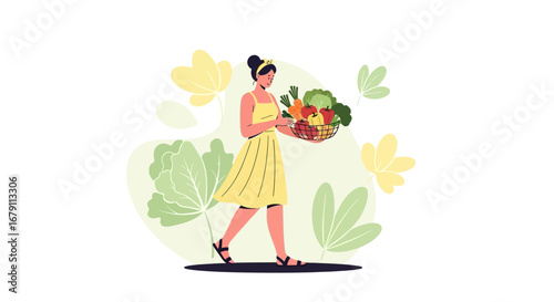 Woman Walking Outdoors with Fresh Vegetables Representing Healthy Lifestyle Choices