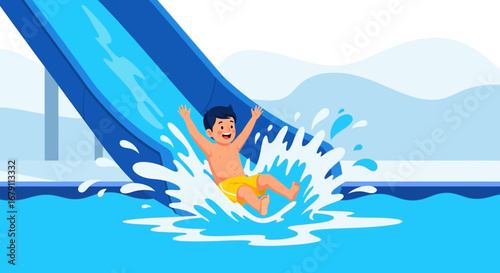 Young boy enjoying a splash while sliding down a water slide in summer vacation