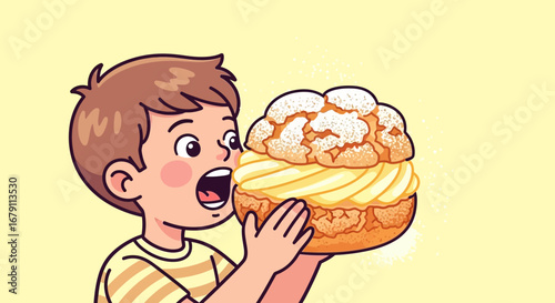 Young Boy Enjoys Eating Delicious Cream Puff, Simple Illustration With Vibrant Colors