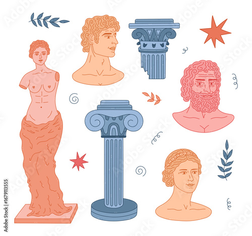 Lovely colored doodle set of different Greek male and female sculpture, monument, ancient pillars. Hand drawn antique statues of gods and goddesses, architecture columns. Trendy marble statues