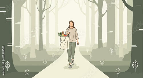 Woman walking with groceries in a forest representing sustainable shopping and lifestyle