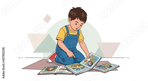 Young Boy Enthralled By Illustrations in Colorful Books, Examining Images Closely