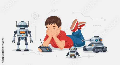 Young Boy Enthralled Exploring Remote Controlled Robotics of Futuristic Machines