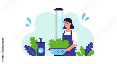 Woman Washing Fresh Vegetables Under Water Sprays in Kitchen for Health
