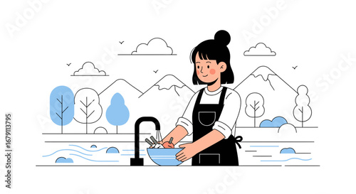 Woman Washing Vegetables Outdoors In A Delightful Scenic View And Fresh Air