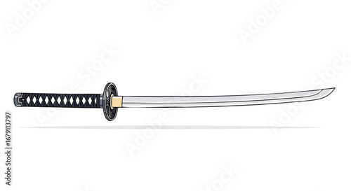 Detailed depiction of a traditional katana sword with a textured handle and sleek blade reflecting light on a plain white background