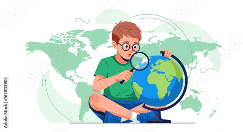 Young Boy Exploring a Globe with Magnifying Glass Learning About the World Map