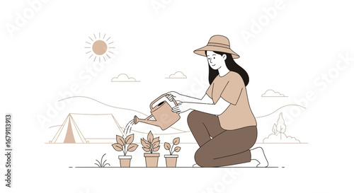 Woman Watering Plants Outdoors Depicting a Serene Scene of Gardening and Nature