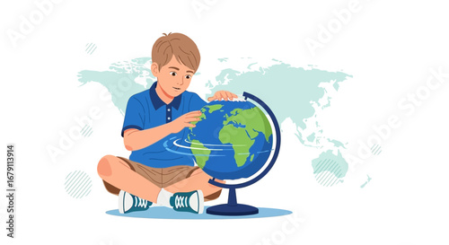 Young Boy Exploring Earth's Geography with a Globe and World Map Background
