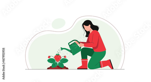 Woman Watering Strawberry Plant, Cultivating Garden In A Flourishing And Thriving Scene