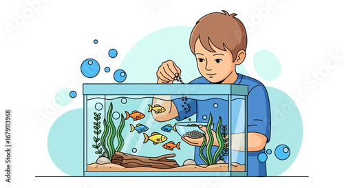 Young Boy Feeding Fish in Aquarium, A Peaceful Scene Of Aquatic Life and Care