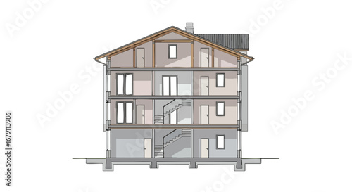 Architectural cross-section unveils multi-level building design with visible interior spaces and structural components showcasing a modern housing