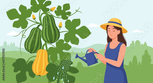 Woman Watering The Vegetables in her Private Garden during a Sunny Summer Day