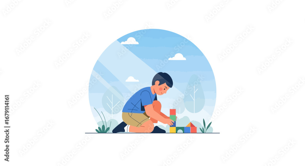 Obraz premium Young Boy Focused on Constructing a Colorful Tower with Building Blocks Outdoors