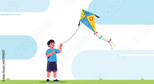 Young boy flying a kite in the park enjoying outdoor fun and childhood activities