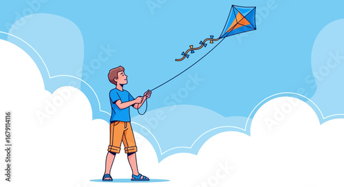 Young boy flying a kite in the sky on a sunny, blue day with fluffy clouds