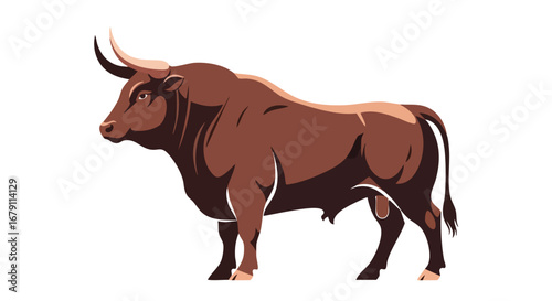 Illustration of a powerful brown bull with stylized design and strong muscle definition, isolated against a white background, exuding robustness