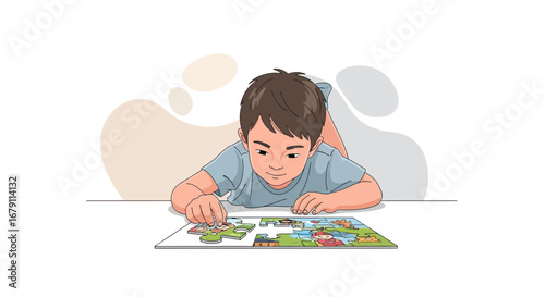Young Boy Focused and Engrossed in the Task of Putting Together a Colorful Jigsaw Puzzle