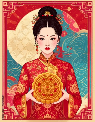 A woman in traditional Chinese attire holds a golden mooncake, showcasing a vibrant and elegant artistic style.