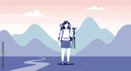 Woman With Camera Captures Scenic Mountain Vista During A Breathtaking Sunrise