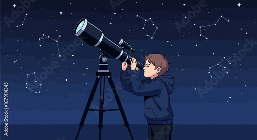 Young boy gazing at night sky stars with a telescope, astronomy concept illustration