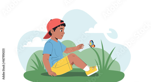 Young Boy Gazing At Butterfly Reaching Out With Hand Nature And Childhood Illustration