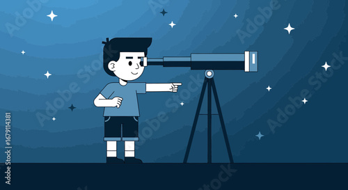 Young Boy Gazing At Night Sky With Telescope To Admire The Celestial Wonders