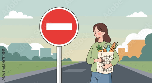 Woman With Groceries Against Road Sign Illustrating Restricted Access and Shopping