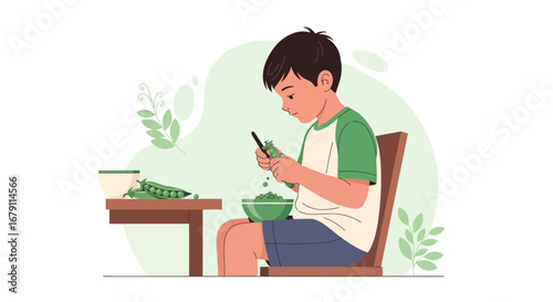 Young Boy Harvesting Fresh Peas For Preparing a Healthy Meal, Illustrative Digital Art