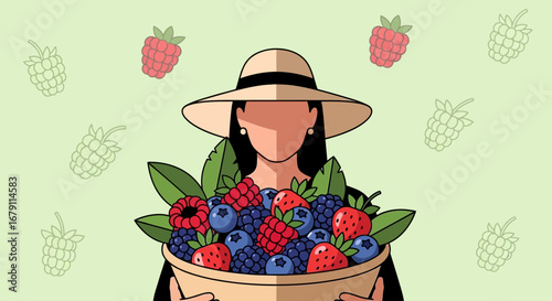 Woman With Hat Showcases Delightful Bowl Filled With a Variety of Fresh Berries Illustration