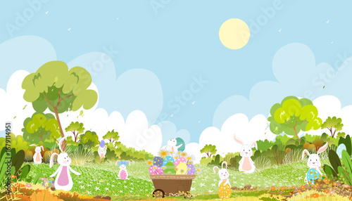 Happy Easter holiday background,Traditional spring religious Paschal celebration greeting card.Bunny rabbit hunting Easter eggs in green grass field,Springtime festive