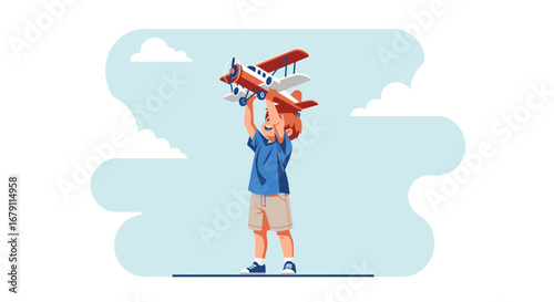 Young Boy Holding Up Toy Airplane With Joyful Eyes During The Summer Day