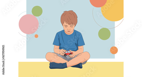 Young Boy Imagines Driving a Toy Car While Lost in Peaceful Contemplation